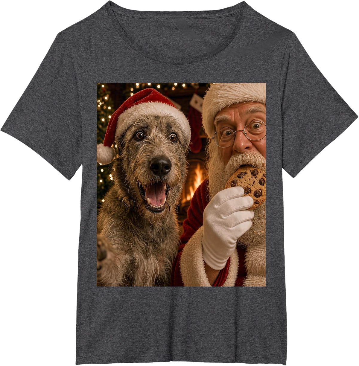 Irish Wolfhound Selfie Santa Cookie Ugly Christmas Funny Dog T-Shirt - Dark Heather Grey