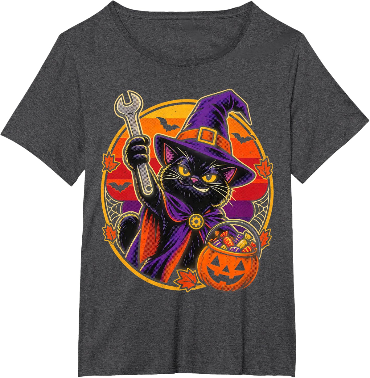 Halloween Black cat Witch Mechanic T-Shirt - Dark Heather Grey