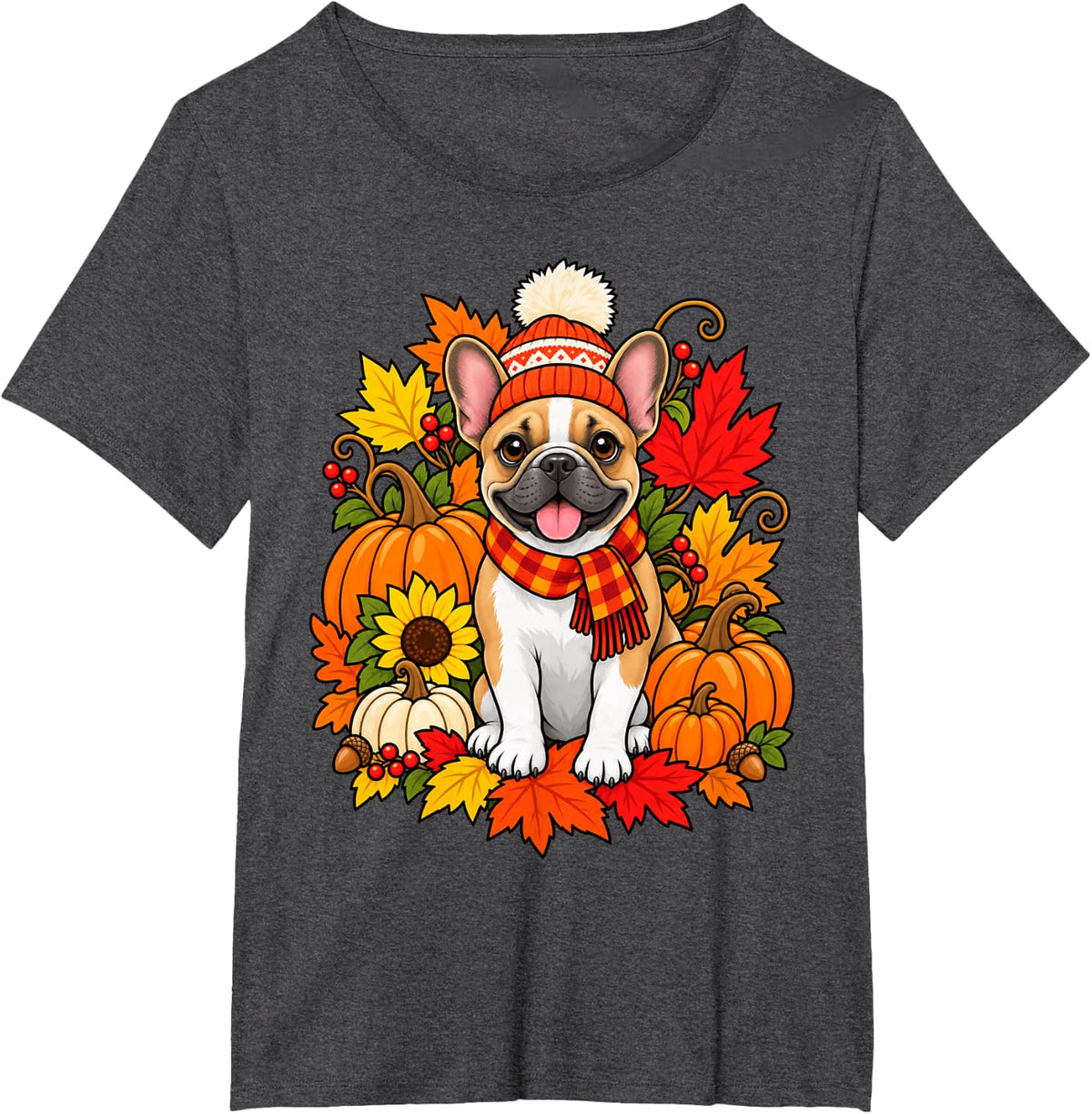French Bulldog Fall Scarf Autumn Leaves Pumpkin Dog Lovers T-Shirt - Dark Heather Grey