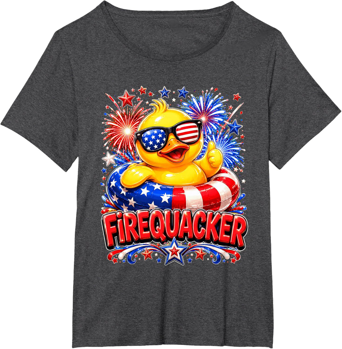 Patriotic Duck Fourth of July Firequacker Funny 4th of July T-Shirt - Dark Heather Grey