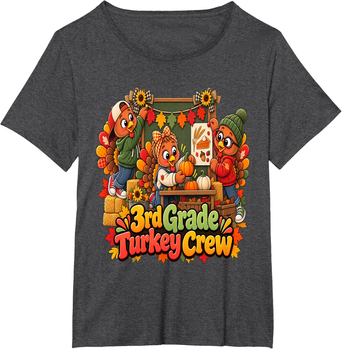 School Third Grade Thanksgiving 3rd Grade Turkey Crew T-Shirt - Dark Heather Grey