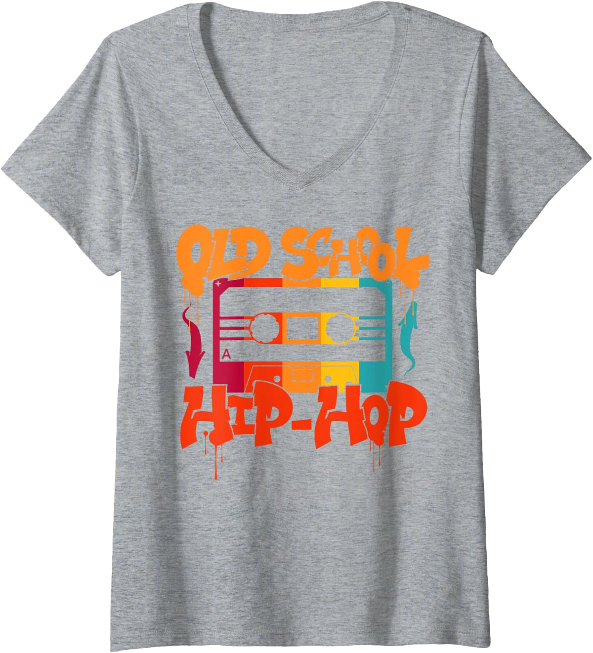 Womens Retro Old School Hip Hop 80s 90s Graffiti Cassette V-Neck T-Shirt - Heather Grey