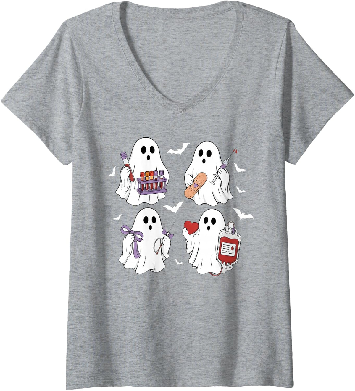 Women's Phlebotomy Laboratory Funny Ghost Phlebotomist Halloween V-Neck T-Shirt - Heather Grey