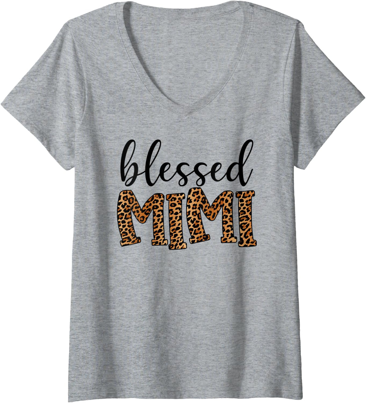 Womens Leopard Blessed Mimi Tee for Grandma Mother's Day V-Neck T-Shirt - Heather Grey