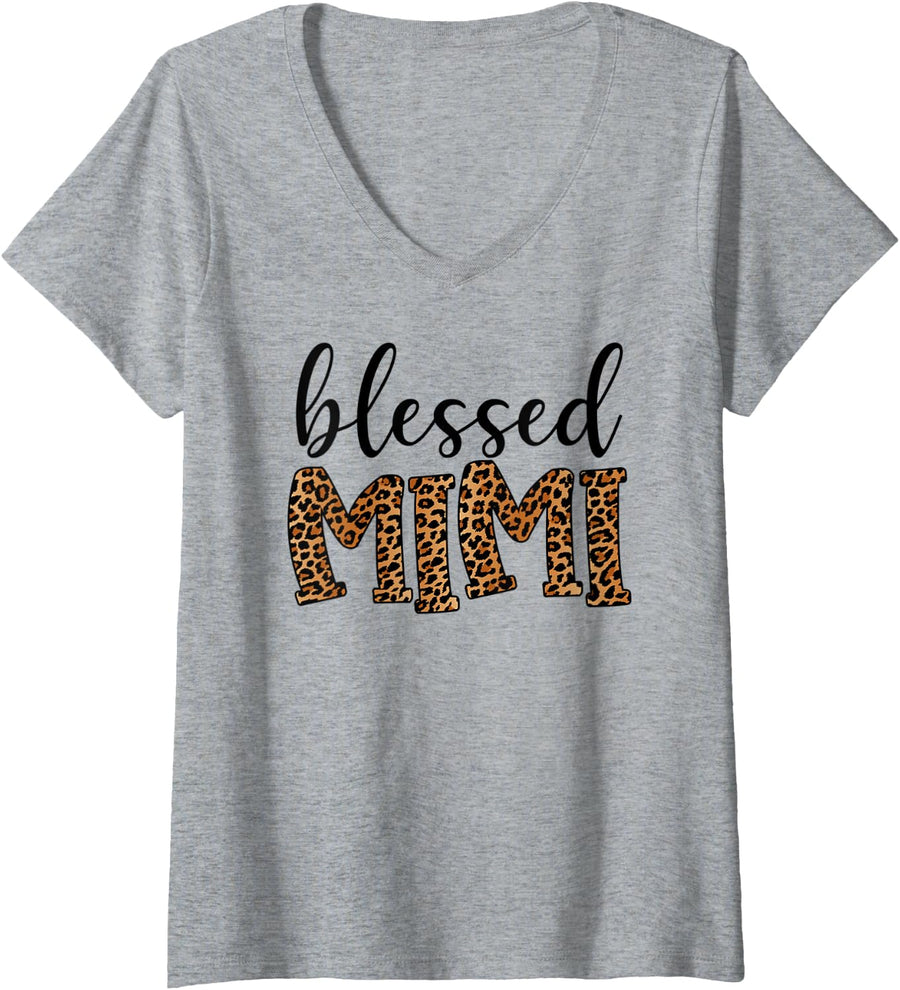 Womens Leopard Blessed Mimi Tee for Grandma Mother's Day V-Neck T-Shirt - Heather Grey