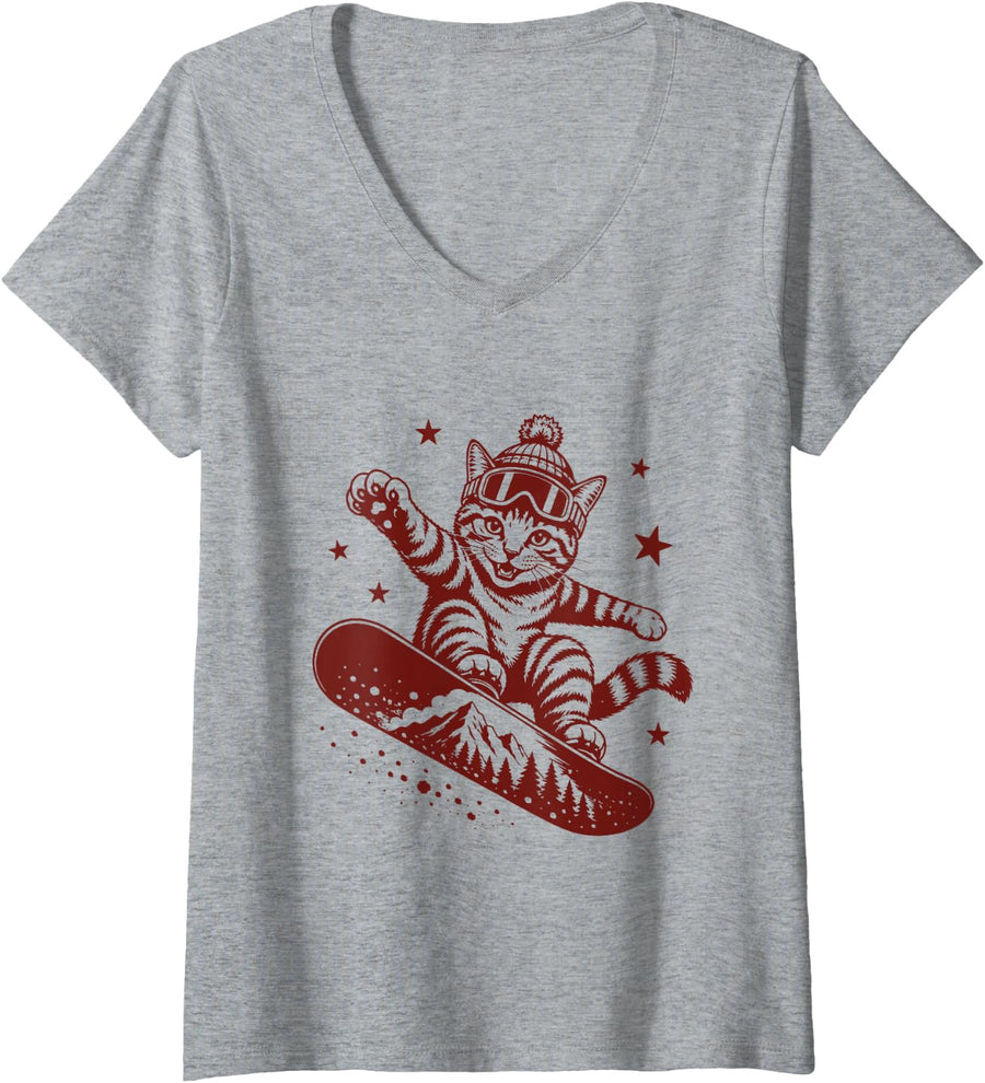Women's Funny Snowboard Cat Y2K Grunge Vintage V-Neck T-Shirt - Heather Grey