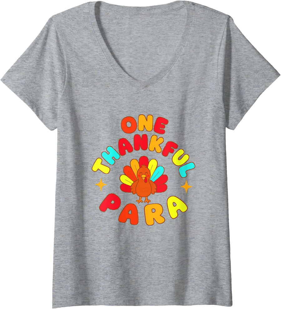 Women's One Thankful para Paraprofessional Thanksgiving V-Neck T-Shirt - Heather Grey