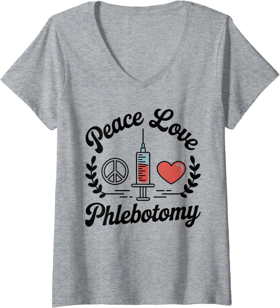 Women's Peace Love Phlebotomy V-Neck T-Shirt - Heather Grey