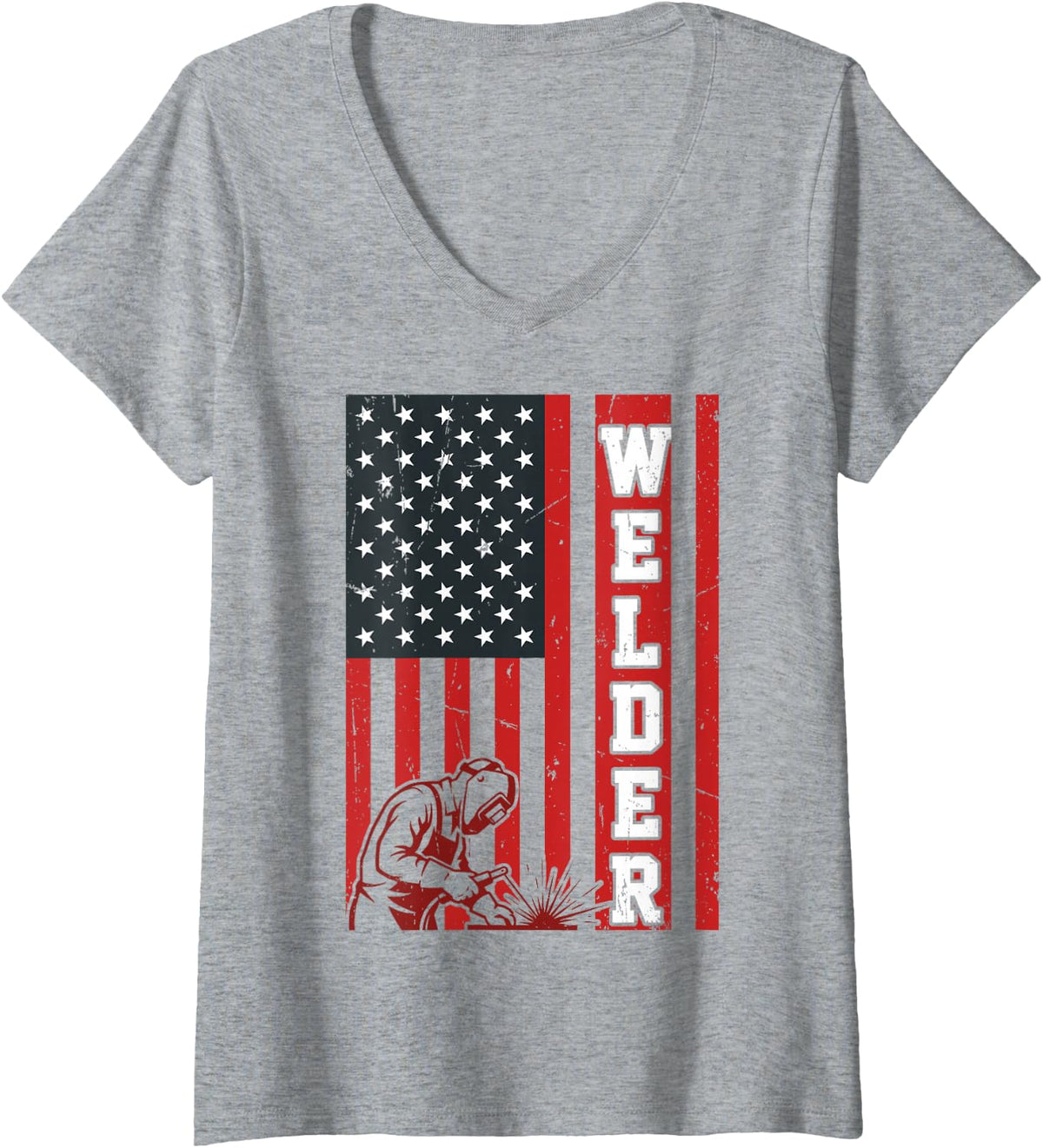 Women's US American Flag Welder Welding Metal Weld Metalworker Tee V-Neck T-Shirt - Heather Grey