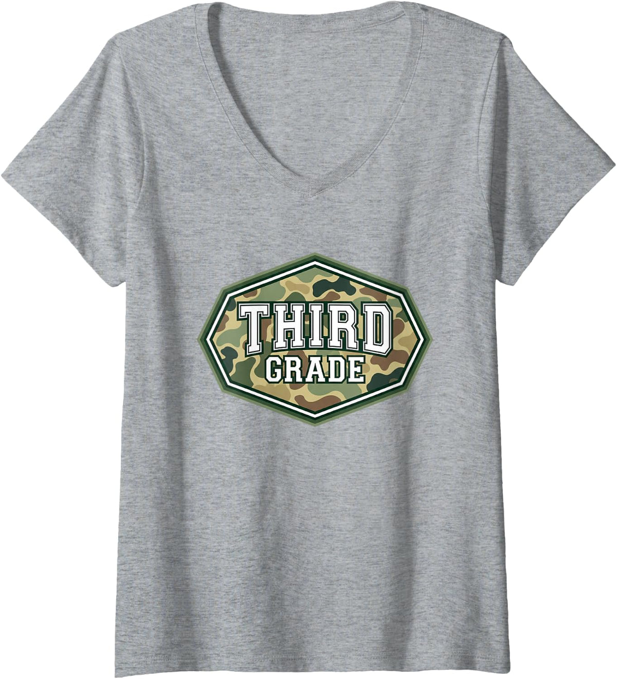 Women's Third Grade Camouflage Back to School Student Kids V-Neck T-Shirt - Heather Grey