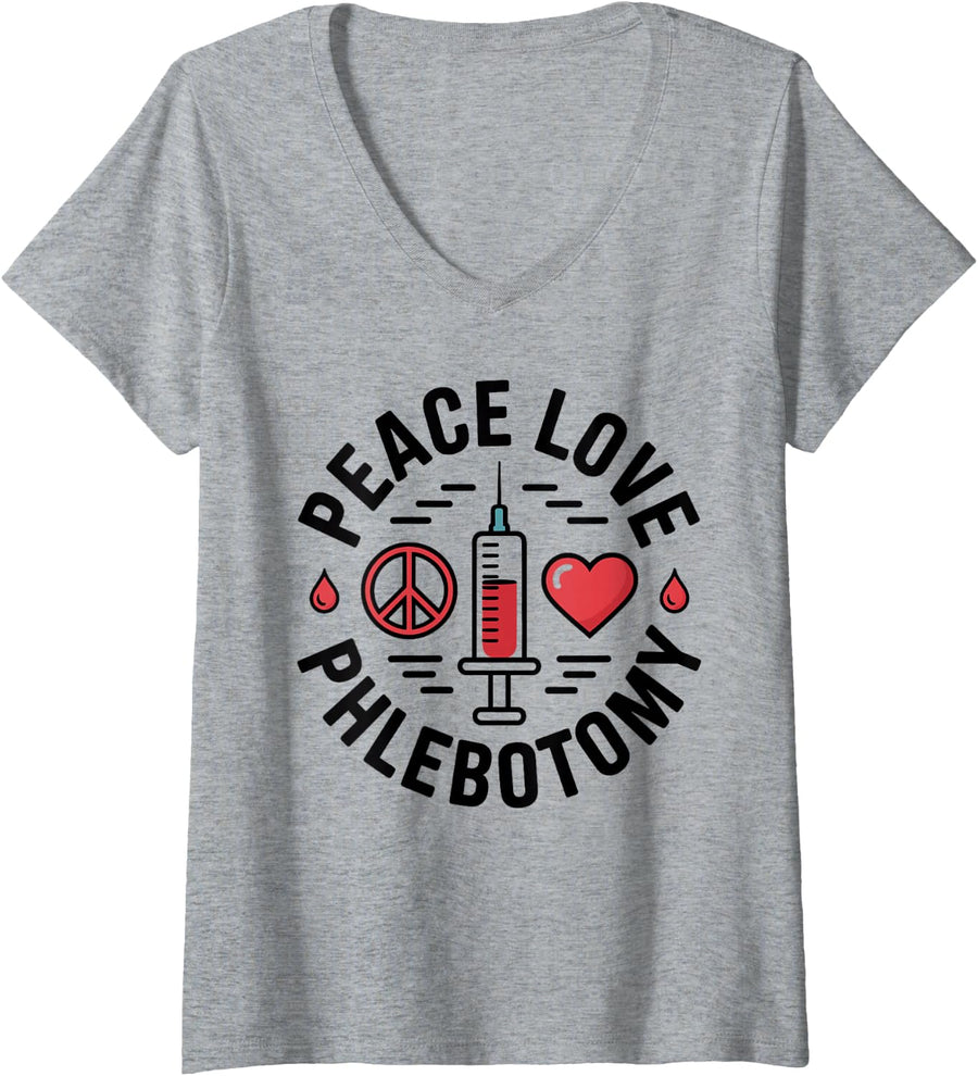 Women's Peace Love Phlebotomy Funny Phlebotomist V-Neck T-Shirt - Heather Grey