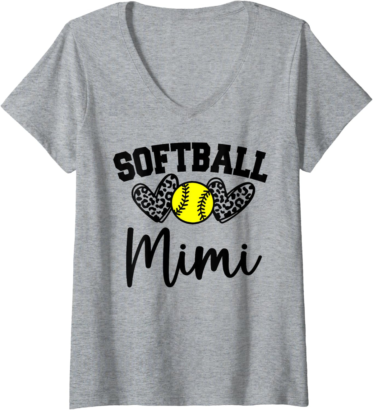 Womens Personalized Softball Heart Tee Cute Mimi Women Softball V-Neck T-Shirt - Heather Grey