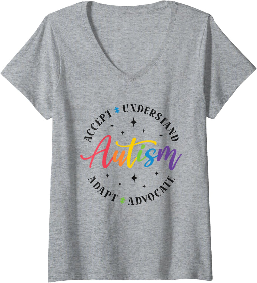 Women's Autism Accept Understand Adapt Advocate Inclusion V-Neck T-Shirt - Heather Grey