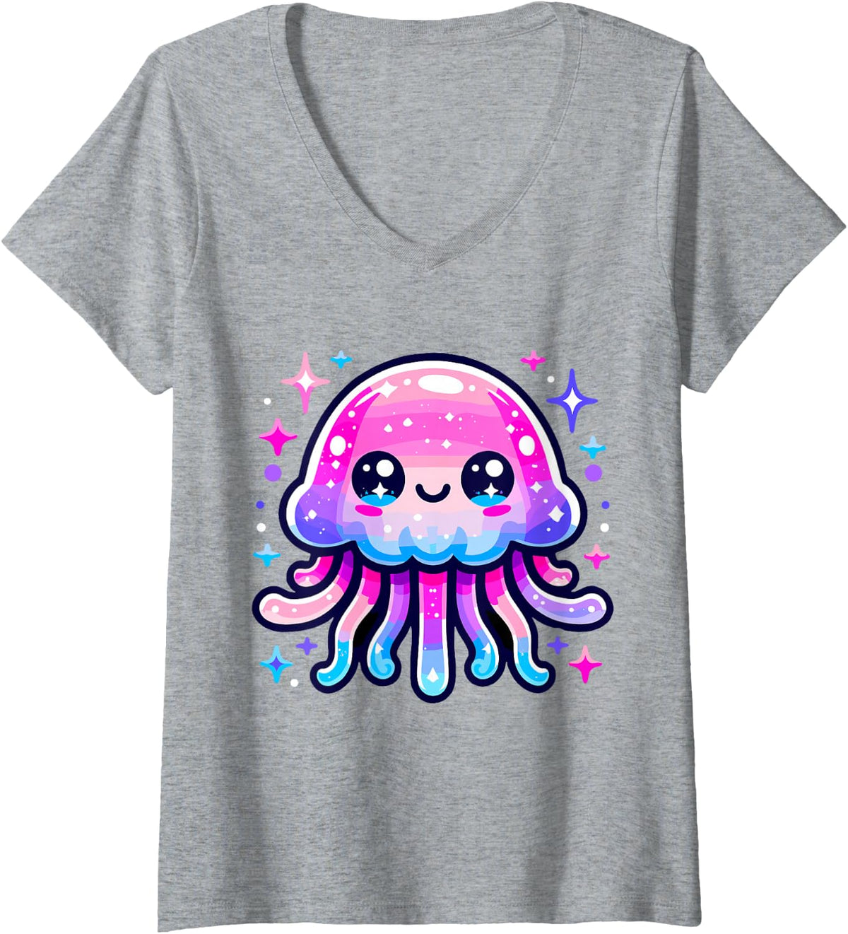 Women's Cute Jellyfish Kawaii V-Neck T-Shirt - Heather Grey