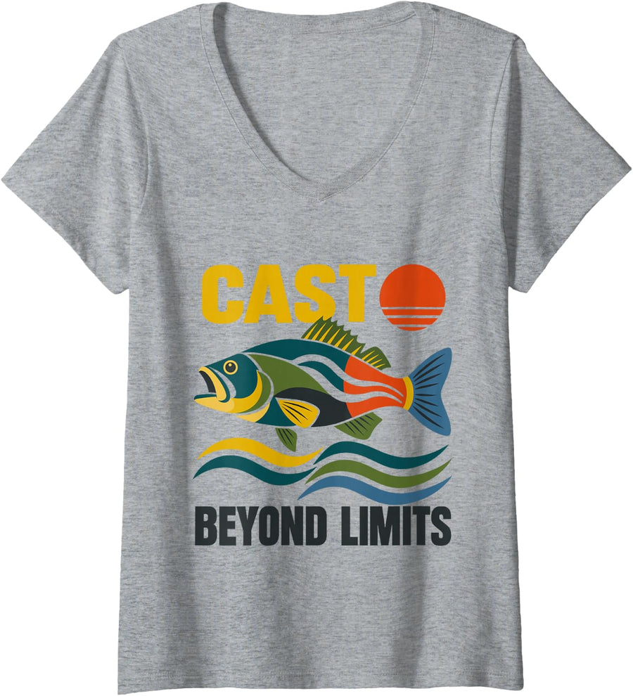 Women's Bass Fishing Cast Beyond Limits Retro Freshwater Angler V-Neck T-Shirt - Heather Grey