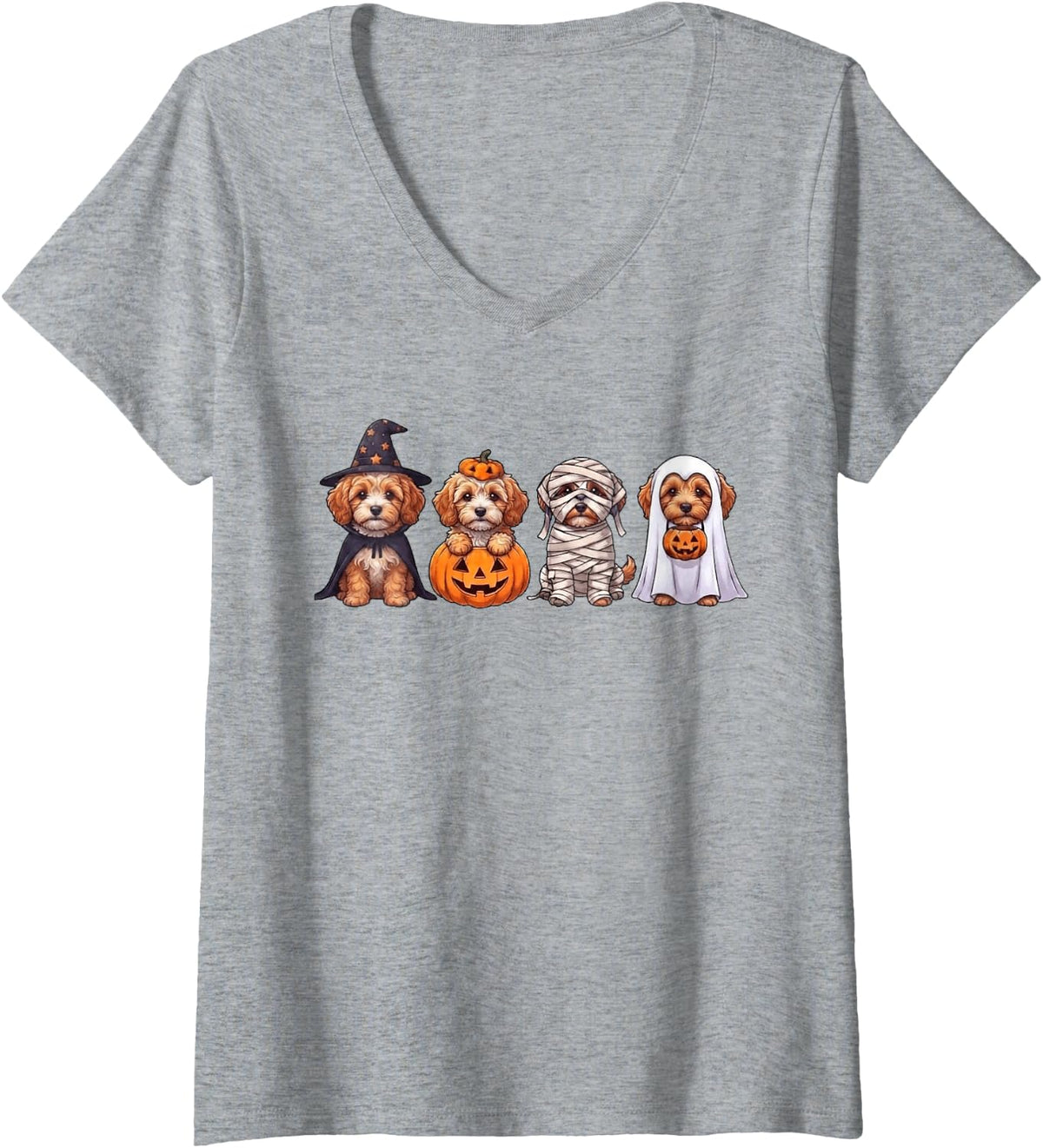 Women's Cute Cavapoo Halloween Witch Mummy Pumpkin Dog V-Neck T-Shirt - Heather Grey