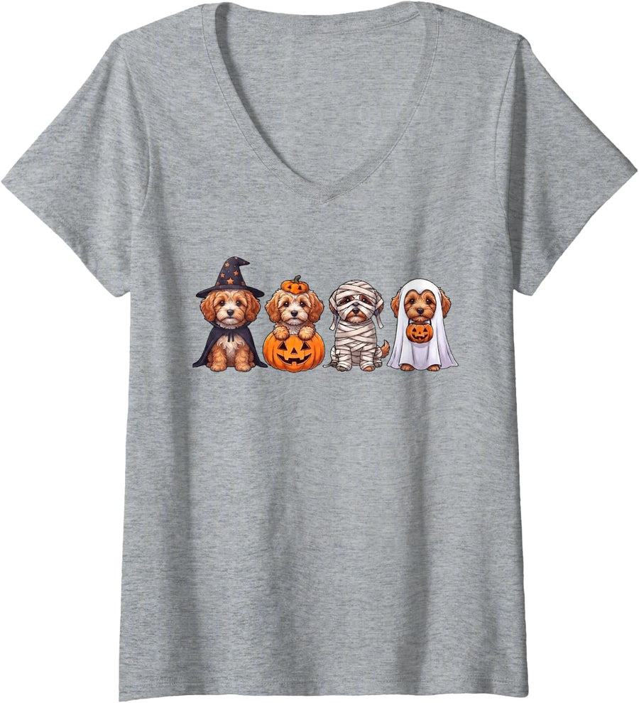 Women's Cute Cavapoo Halloween Witch Mummy Pumpkin Dog V-Neck T-Shirt - Heather Grey