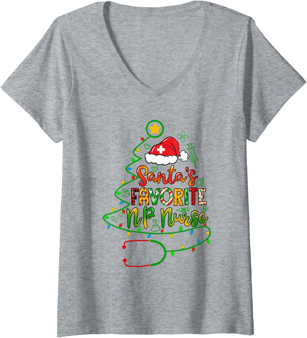 Women's Santa's Favorite NP Nurse Nurse Practitioner Christmas V-Neck T-Shirt - Heather Grey