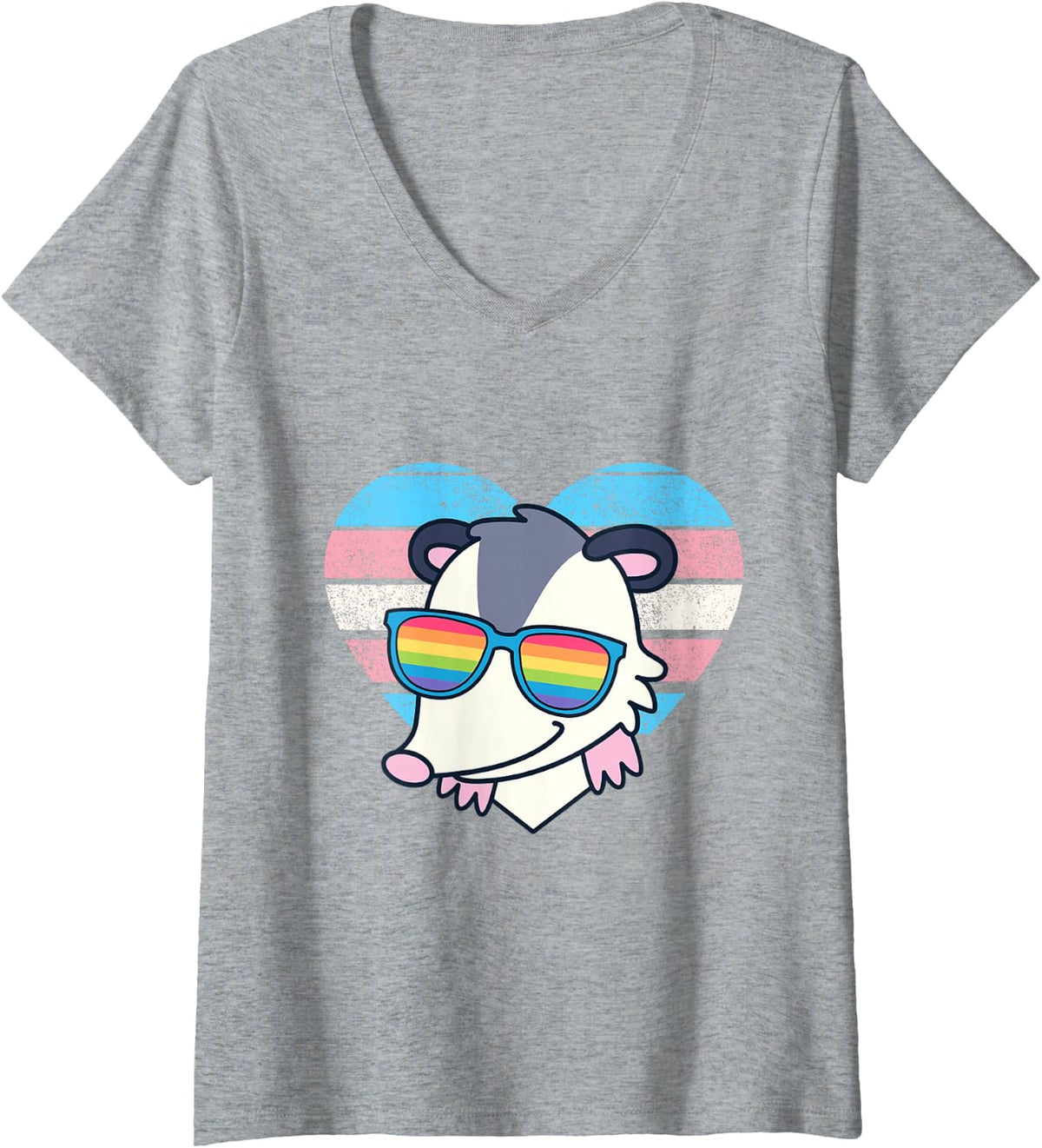 Women's LGBTQ Opossum Pride Trans Flag Rainbow Sunglasses V-Neck T-Shirt - Heather Grey