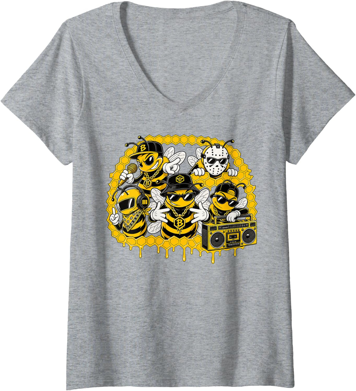 Women's Bees Hip Hop Old School Rap Music Lover Graphic V-Neck T-Shirt - Heather Grey