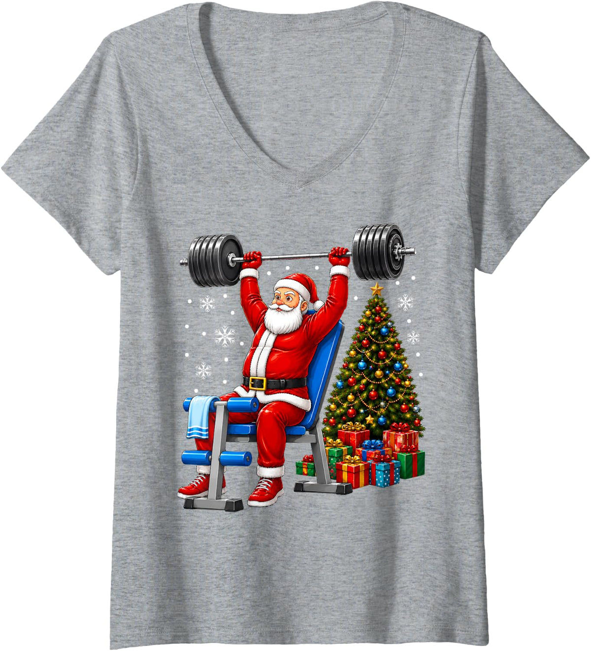 Women's Fitness Gym Workout Weightlifting Santa Christmas V-Neck T-Shirt - Heather Grey
