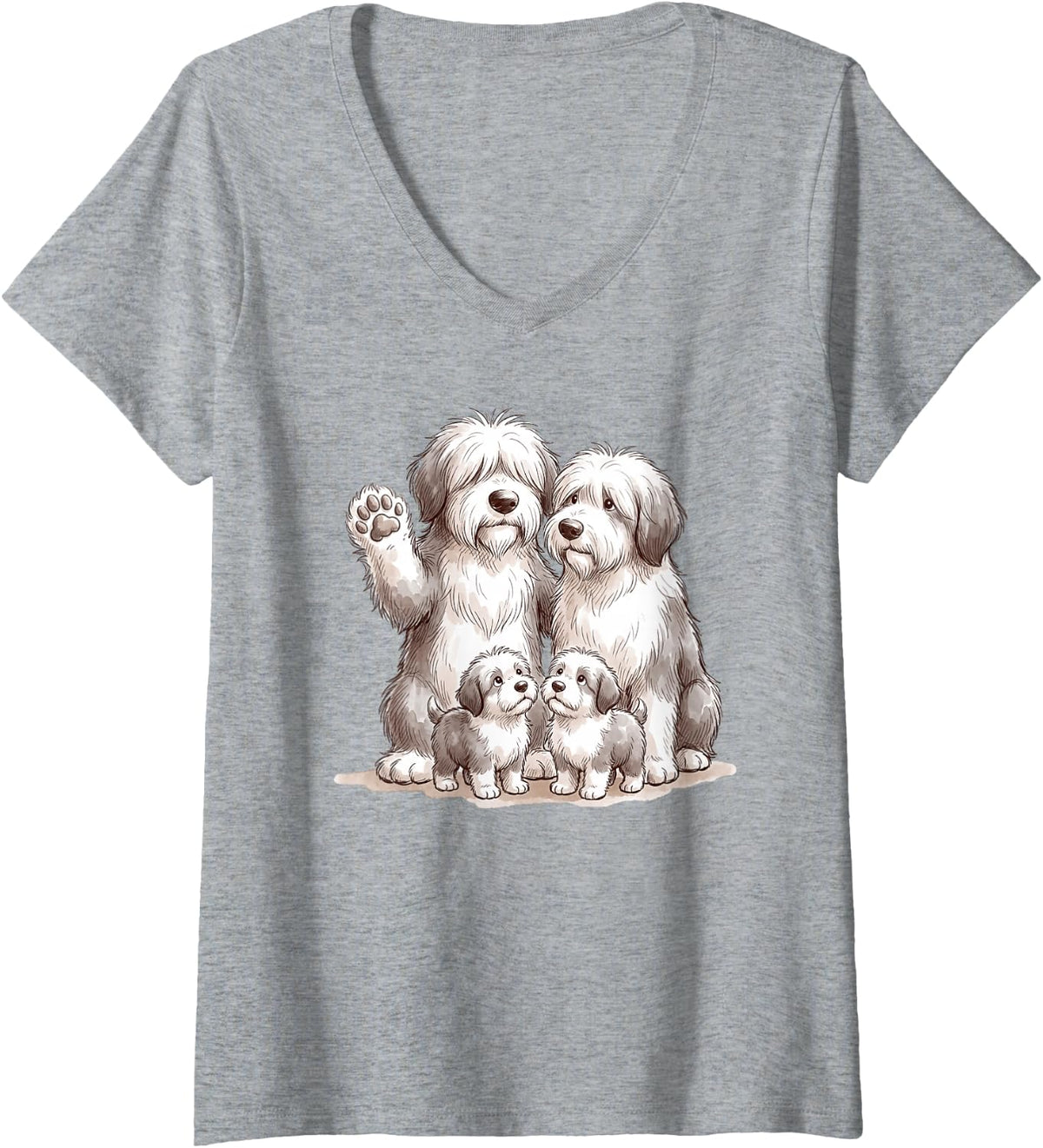 Women's Cute Funny Bobtail Dogs Family Old English Sheepdog V-Neck T-Shirt - Heather Grey