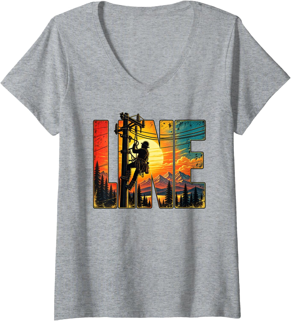 Women's Electric Cable Lineman Retro Electrician V-Neck T-Shirt - Heather Grey