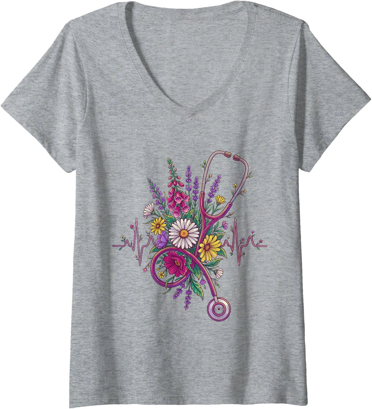 Women's Floral Stethoscope Heartbeat Bouquet Registered Nurse Care V-Neck T-Shirt - Heather Grey