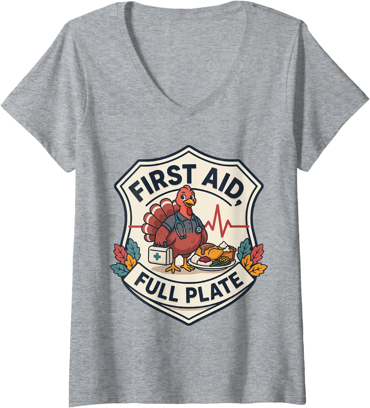 Women's Thanksgiving EMT - First Aid, Full Plate V-Neck T-Shirt - Heather Grey
