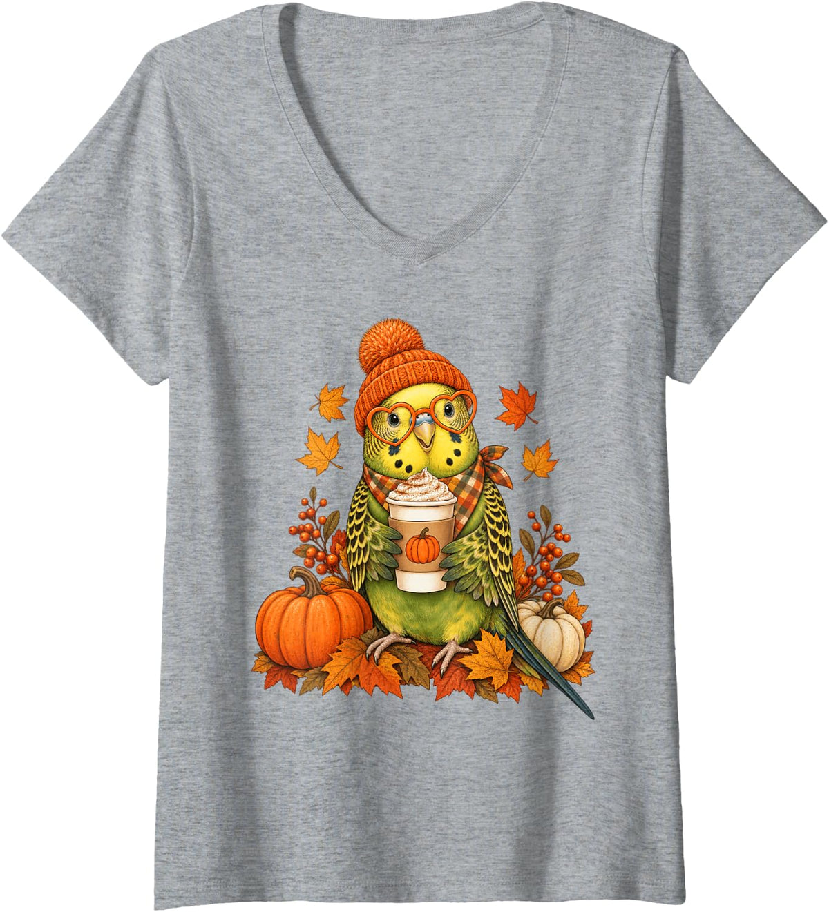 Women's Budgie Fall Autumn Season Pumpkin Spice Budgerigar V-Neck T-Shirt - Heather Grey