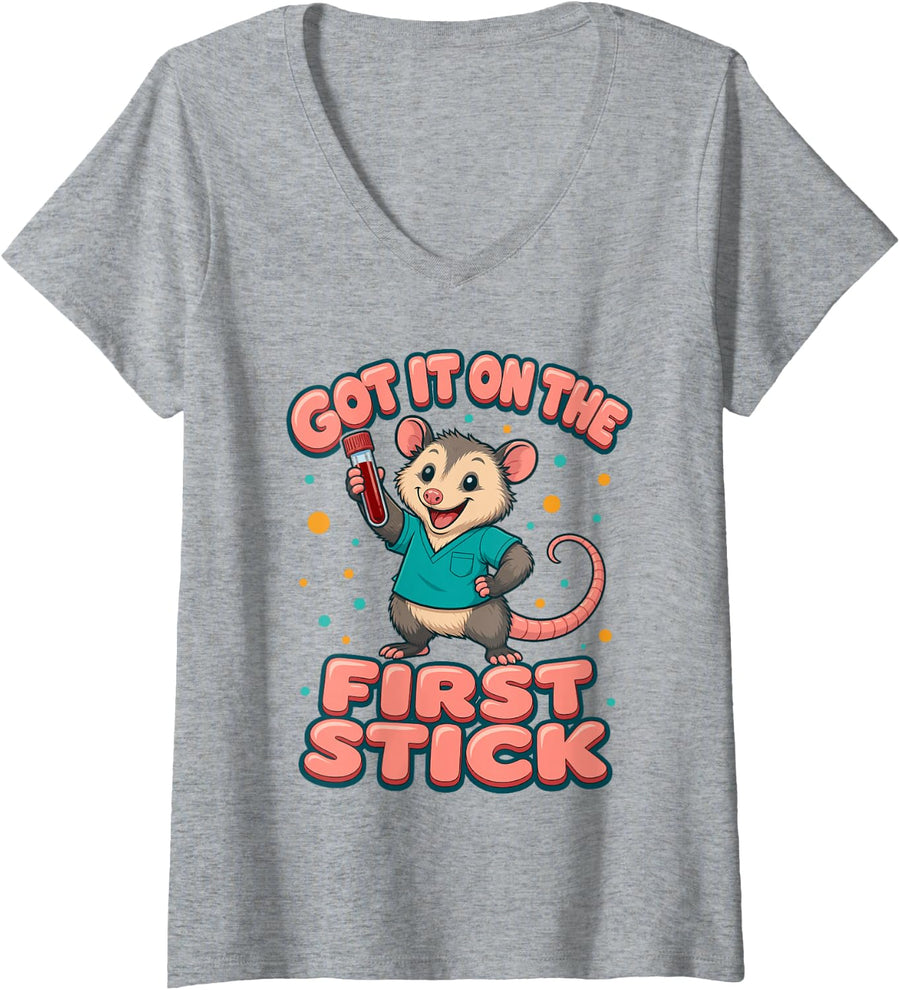 Women's Got It On The First Stick Funny Phlebotomy Phlebotomist V-Neck T-Shirt - Heather Grey