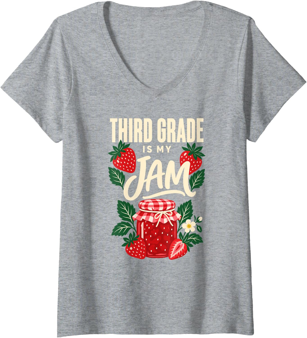 Women's Third Grade is My Jam Strawberry Teacher School V-Neck T-Shirt - Heather Grey