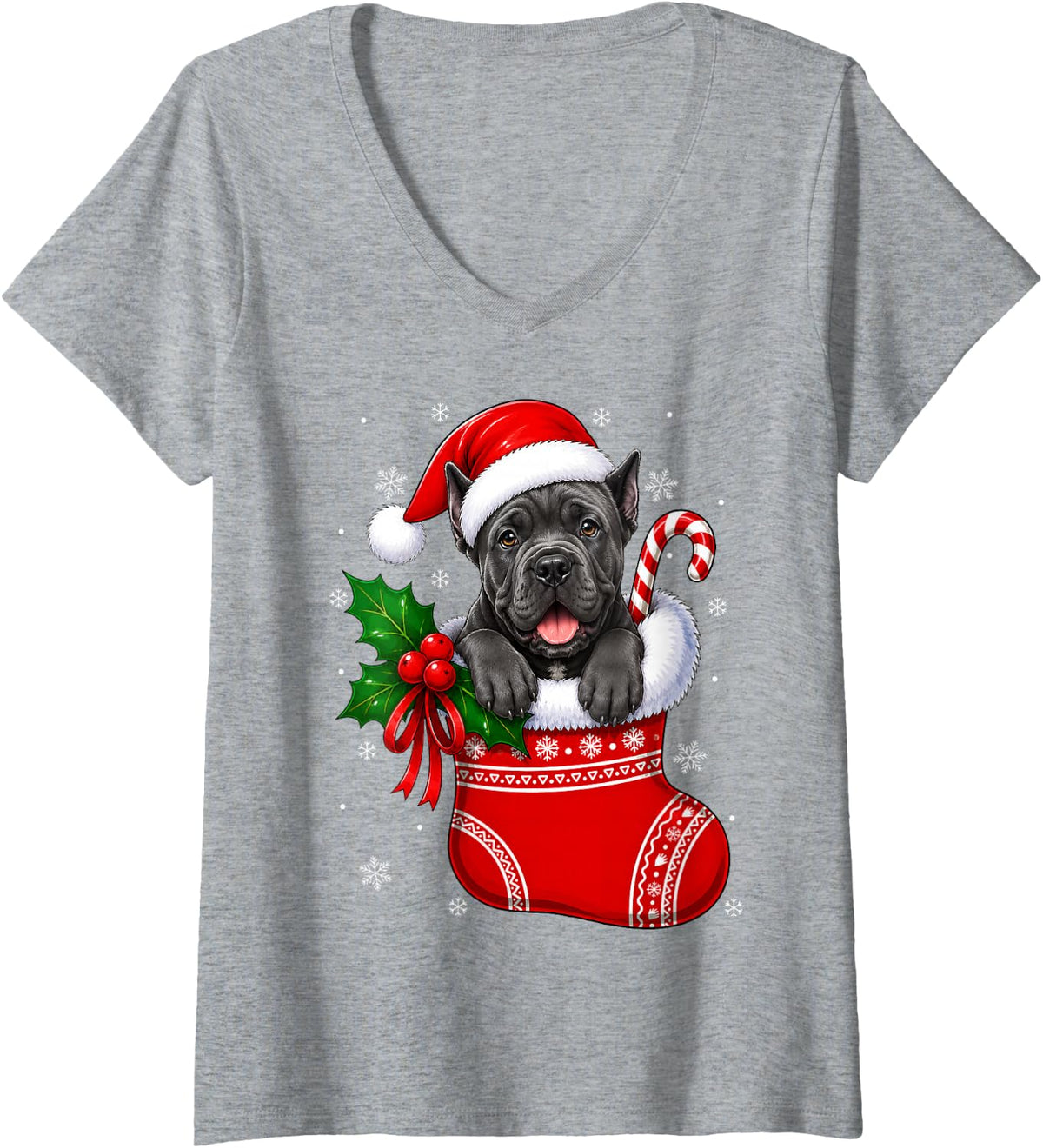 Women's Cane Corso Dog Christmas Stocking Cute Festive Xmas V-Neck T-Shirt - Heather Grey