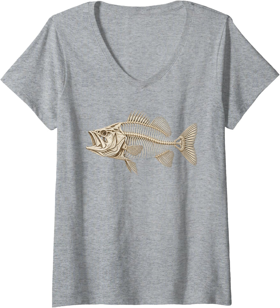 Women's Largemouth Bass Skeleton Fish Anatomy Fishing Black Bass V-Neck T-Shirt - Heather Grey