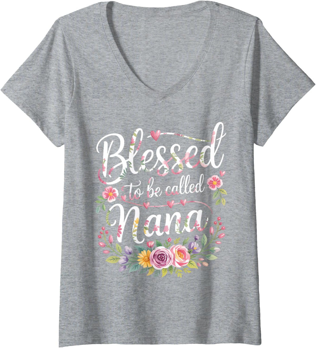 Women's Blessed to Be Called Nana Floral Women Girls Mothers Day V-Neck T-Shirt - Heather Grey