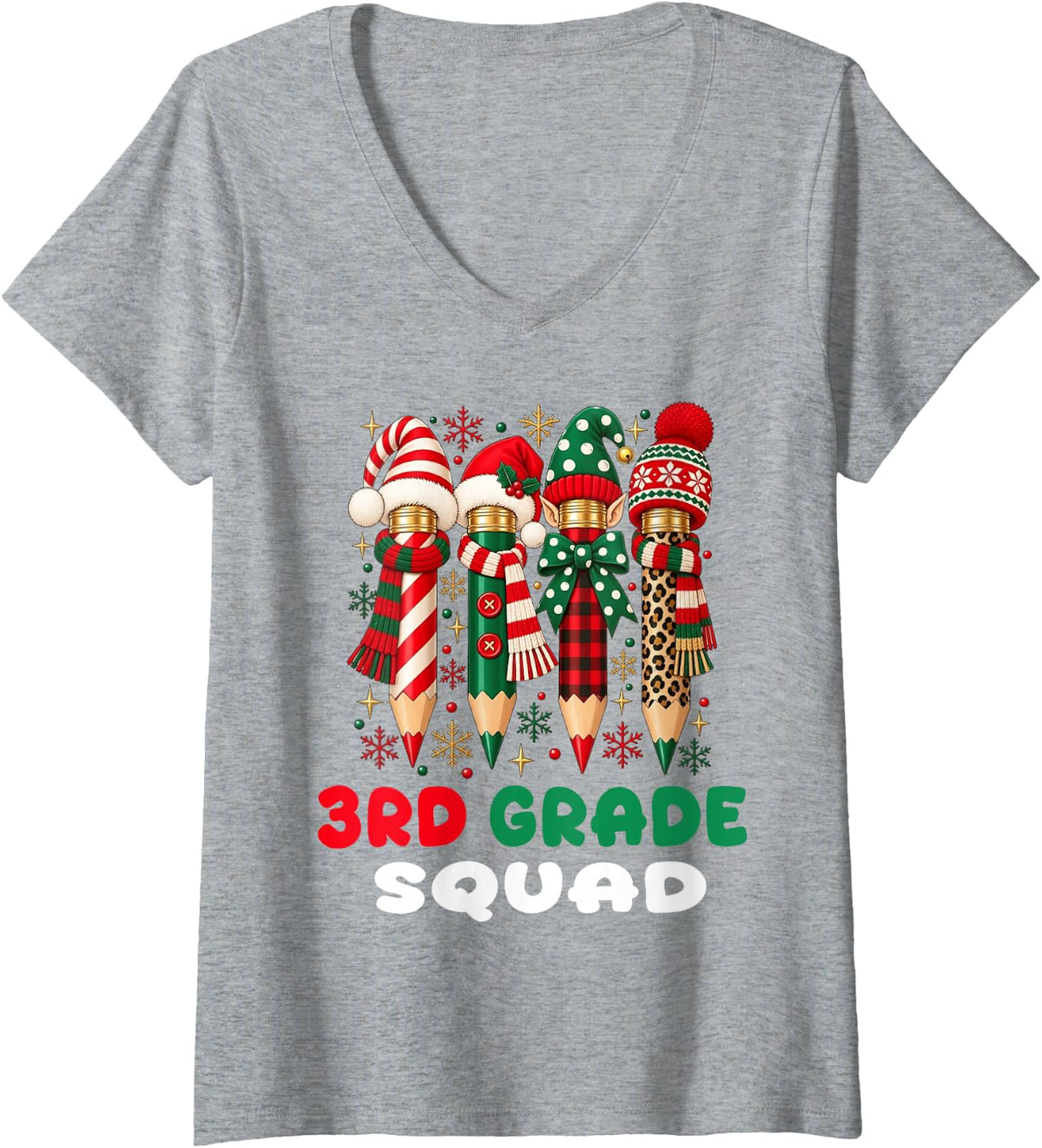 Women's 3rd Grade Teacher Christmas Third Grade Squad Pencil Xmas V-Neck T-Shirt - Heather Grey