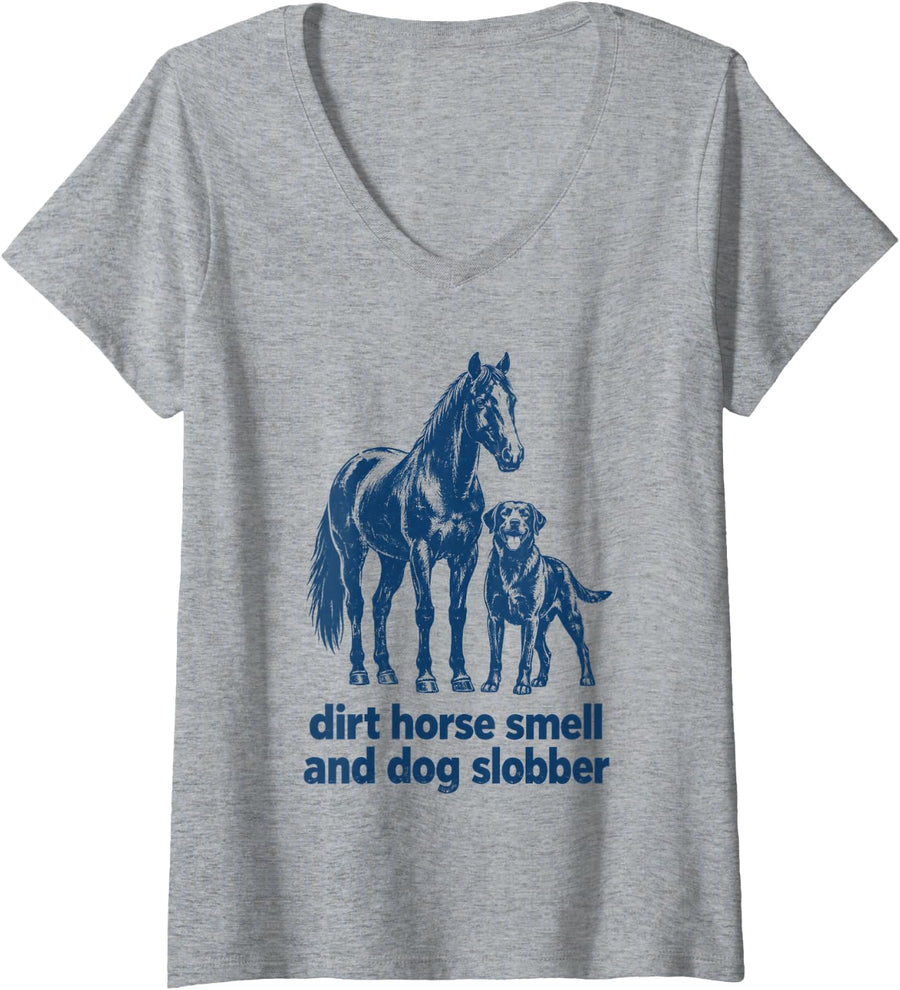 Women's Dirt Horse Smell and Dog Slobber Equestrian Farm Rider V-Neck T-Shirt - Heather Grey