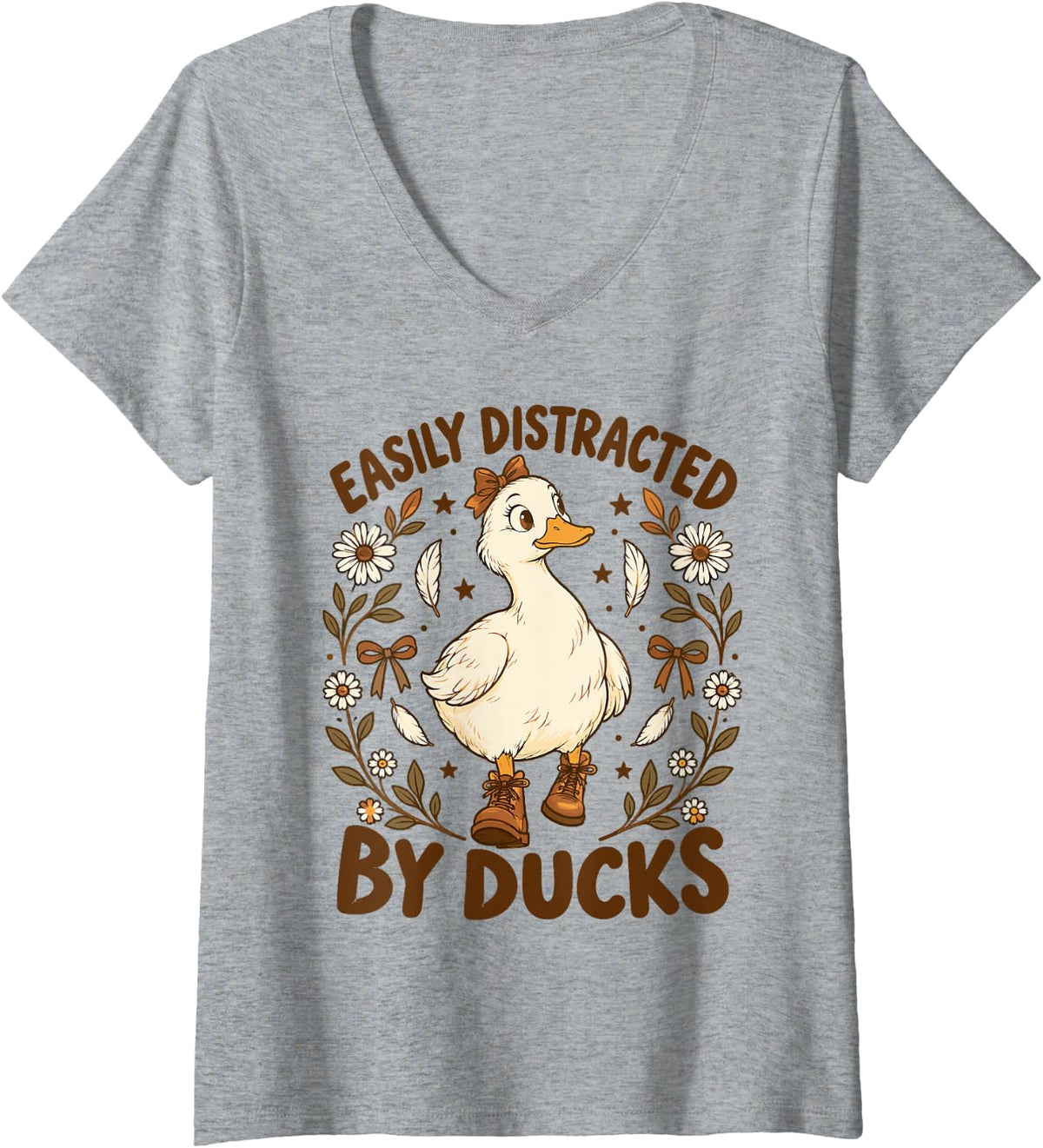 Women's Easily Distracted by Ducks Duck Lover V-Neck T-Shirt - Heather Grey