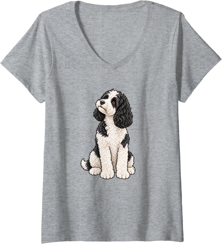 Women's Womens Girl Moms Sitting Black Parti Cockapoo Dog Mama Lover V-Neck T-Shirt - Heather Grey