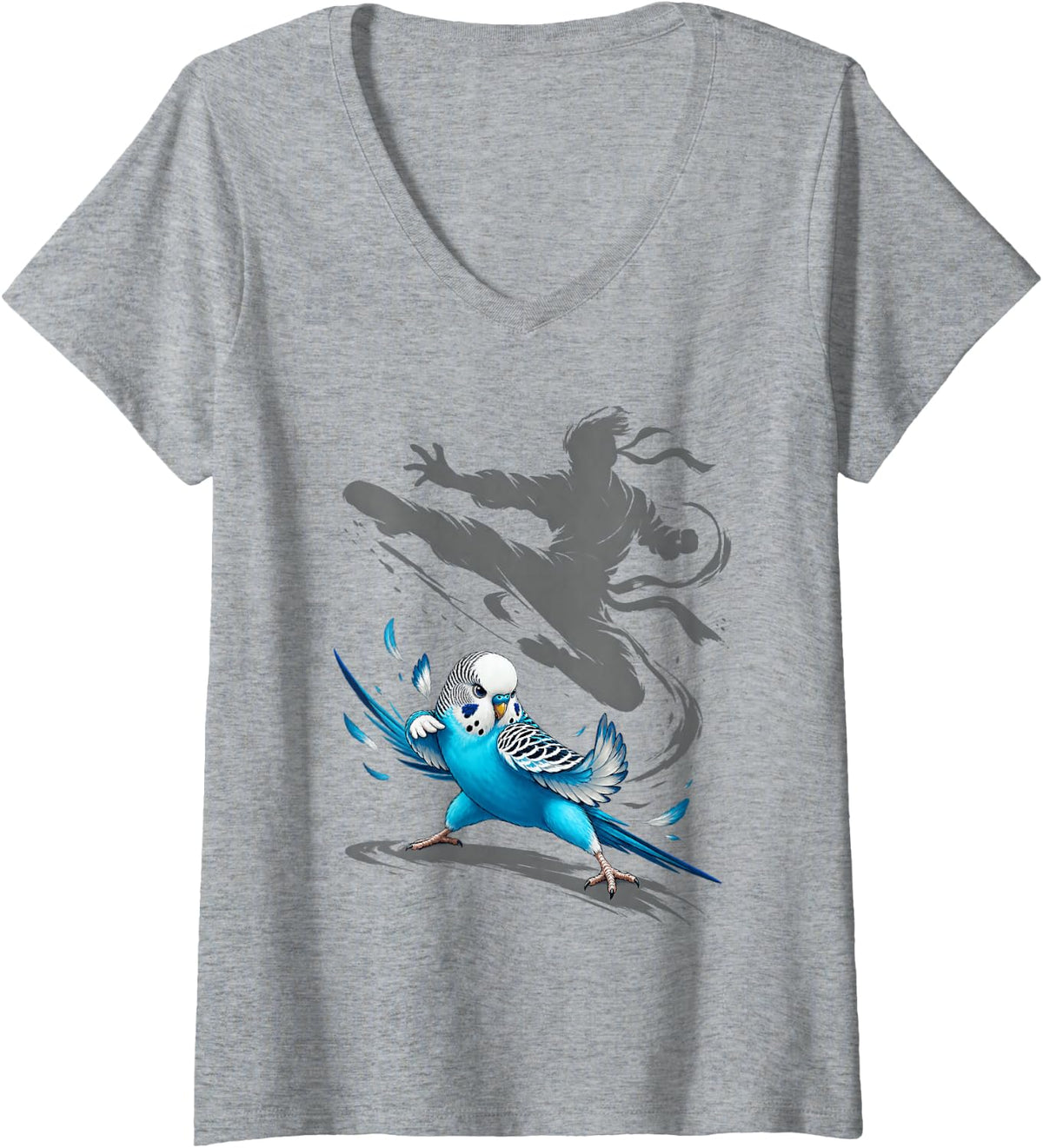 Women's Cute Fighting Blue Budgie V-Neck T-Shirt - Heather Grey