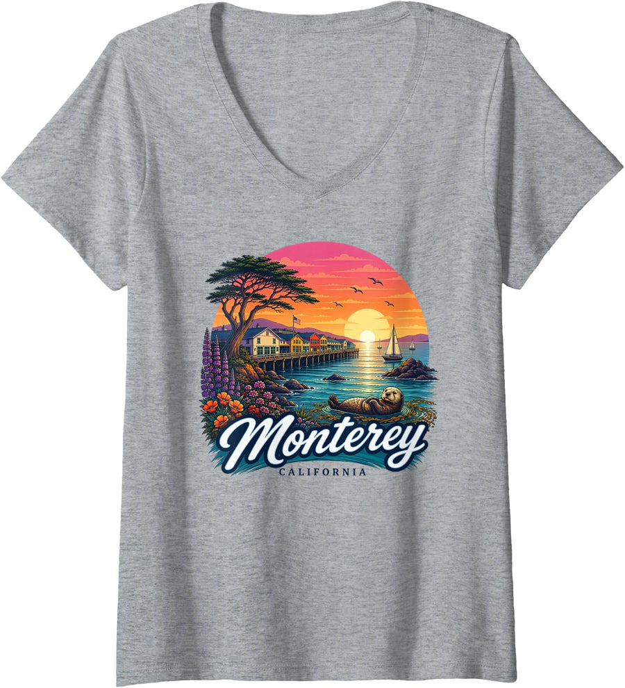 Women's Monterey California Coastal Sunset Sea Otter Art Graphic V-Neck T-Shirt - Heather Grey