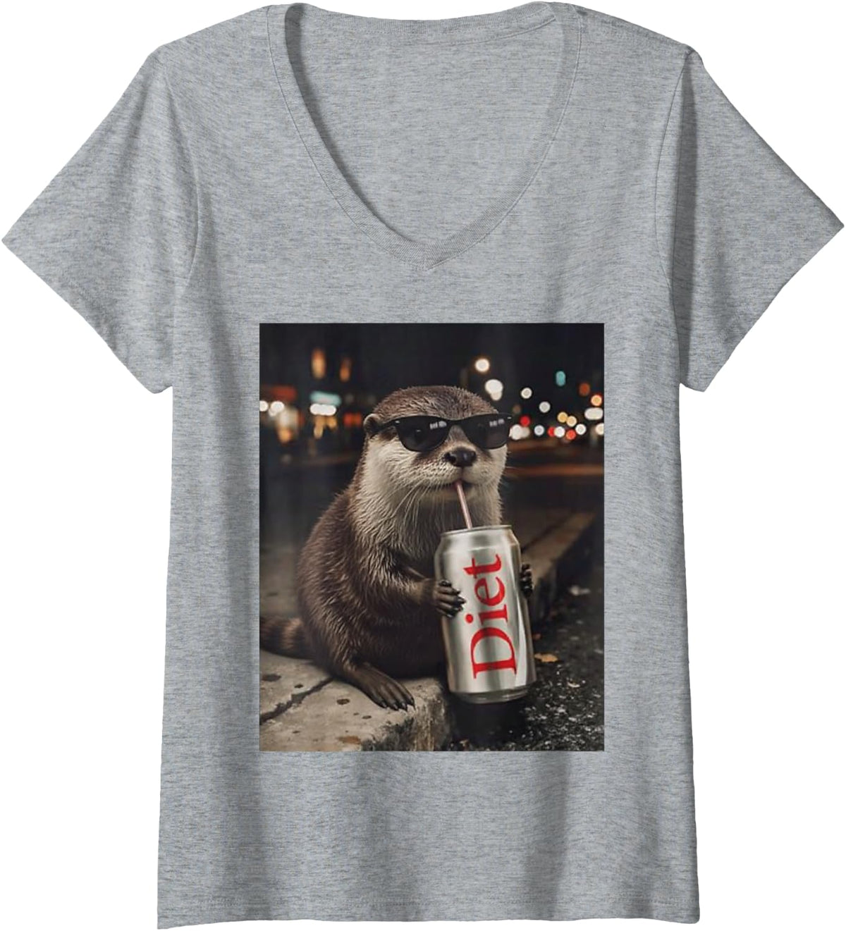 Women's Cool Otter Drinking Diet Soda Funny Meme Animal Design V-Neck T-Shirt - Heather Grey
