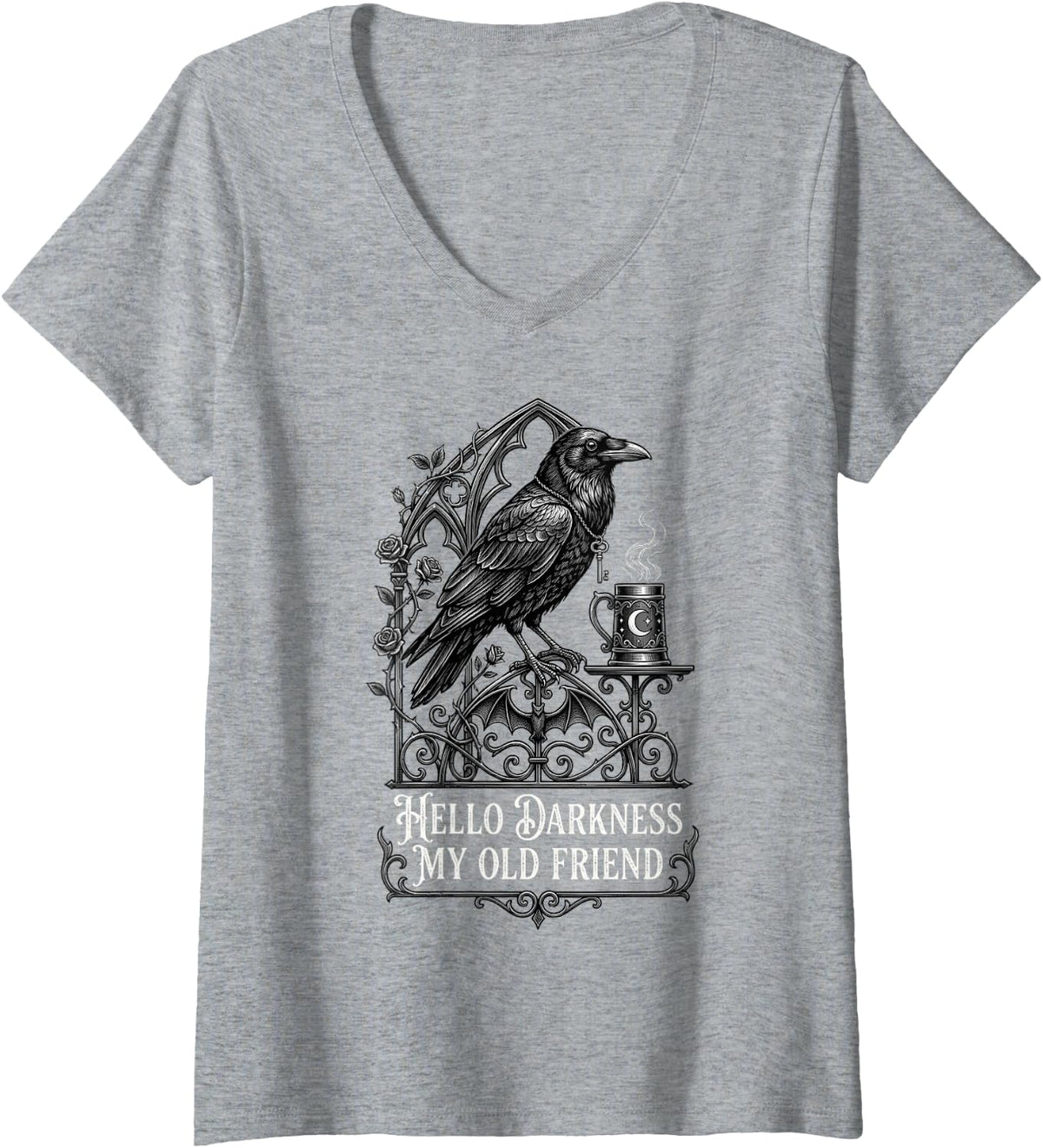 Women's Hello Darkness My Old Friend Gothic Raven Coffee Bat Etching V-Neck T-Shirt - Heather Grey