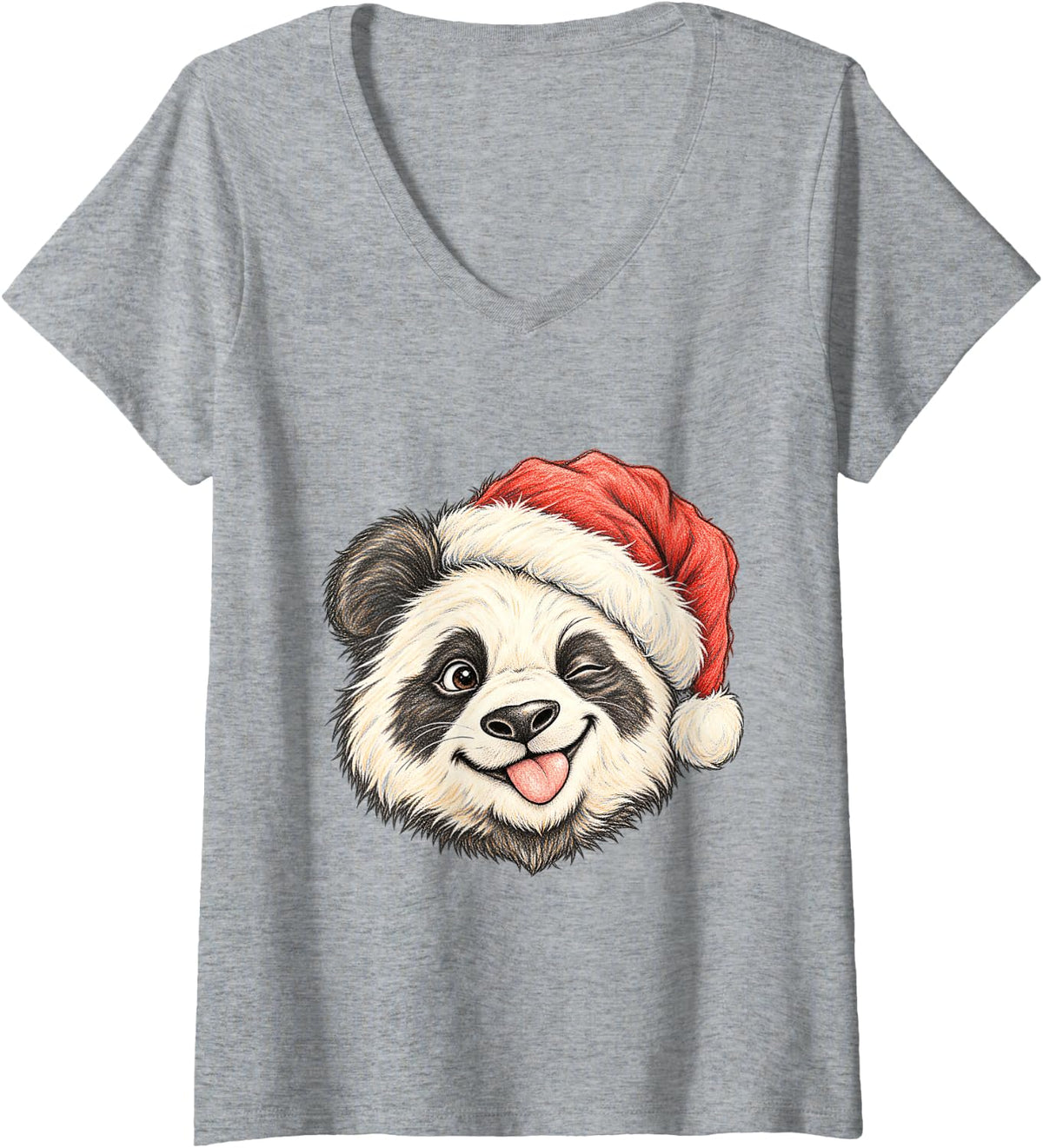 Women's Christmas Winking Panda Red Winter Hat V-Neck T-Shirt - Heather Grey