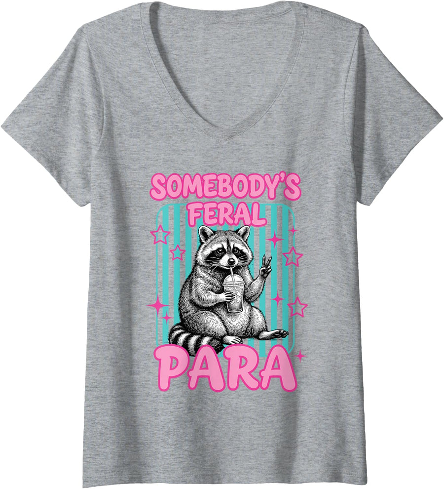 Women's Somebody's Feral para V-Neck T-Shirt - Heather Grey