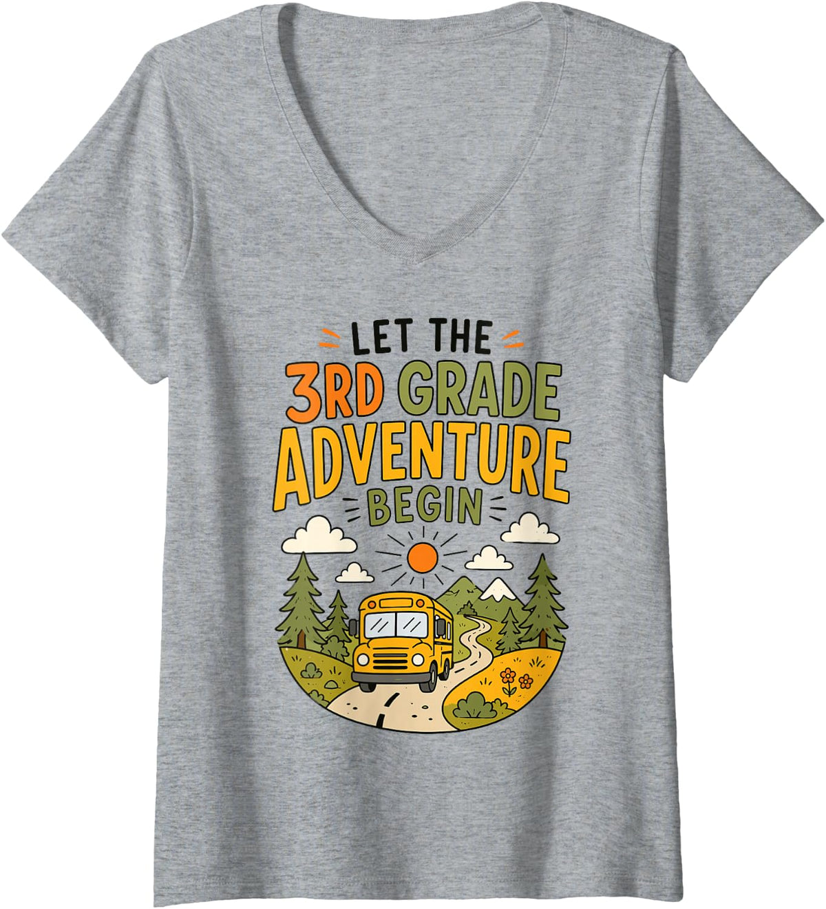 Women's Let The 3rd Grade Adventure Begin Funny Third Grade Teacher V-Neck T-Shirt - Heather Grey