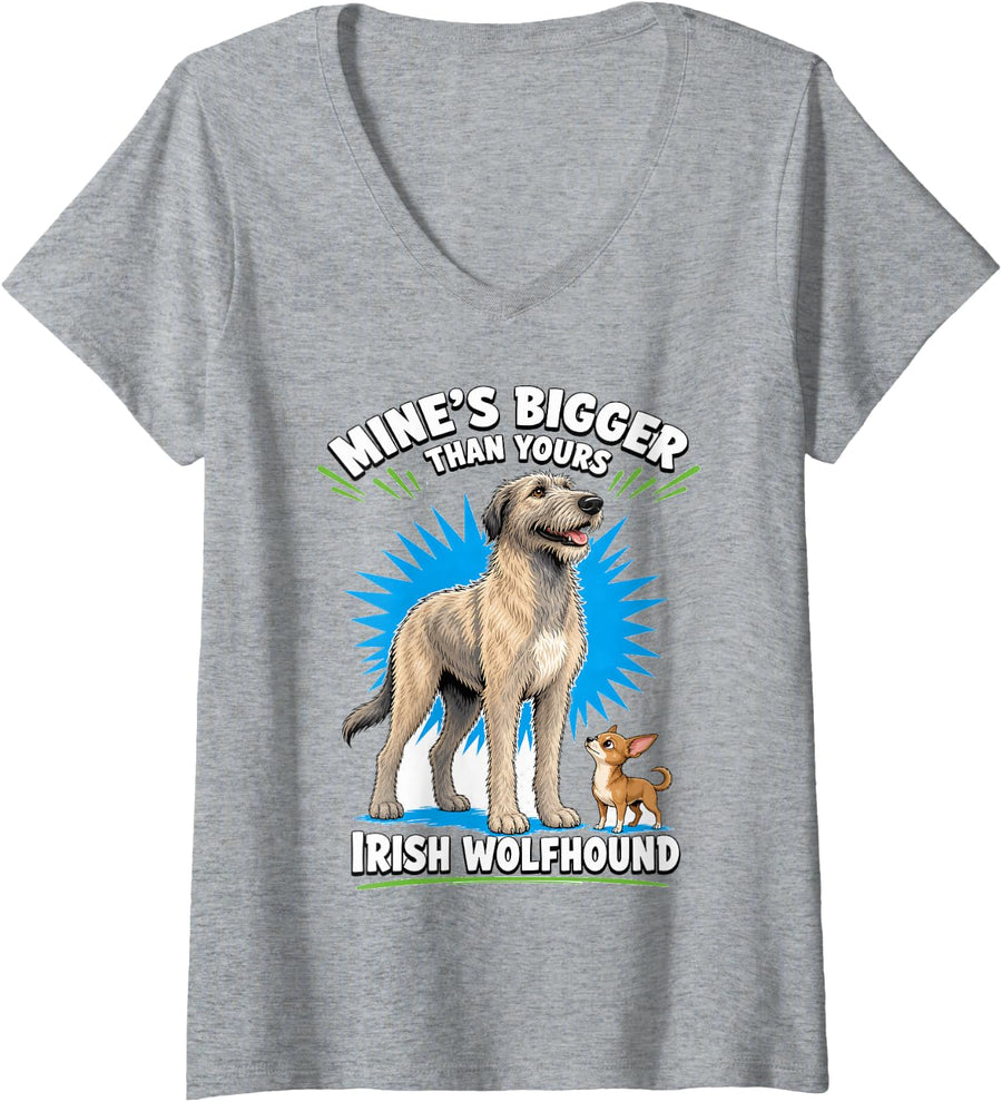 Women's Mine's Bigger Than Yours Irish Wolfhound Dog Lover V-Neck T-Shirt - Heather Grey