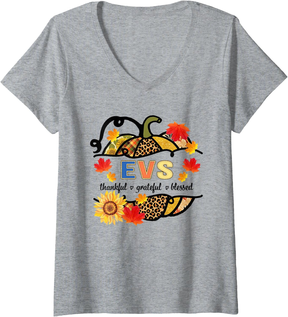 Women's Autumn Fall Outfit EVS Thankful Grateful Blessed Pumpkin V-Neck T-Shirt - Heather Grey