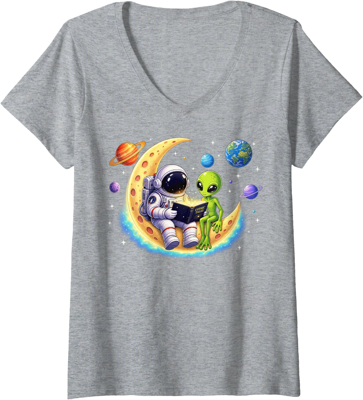 Women's Astronaut Reading Book to Alien Moon Space Astronomy Galaxy V-Neck T-Shirt - Heather Grey