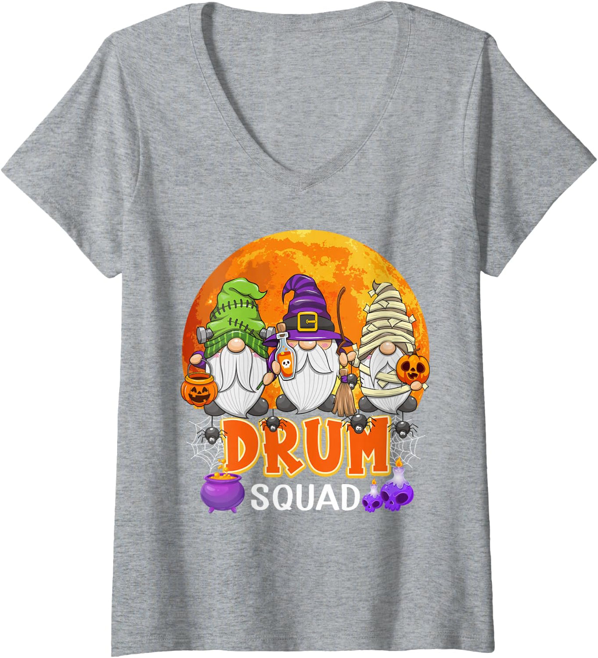 Women's Drum Squad Halloween Drummer Gnome Matching V-Neck T-Shirt - Heather Grey